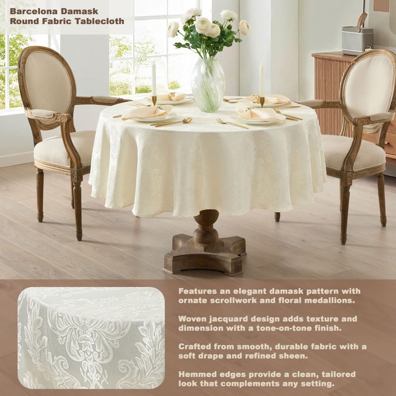 Newbridge Barcelona Luxury Damask Fabric Tablecloth, 70â€ Round, Antique White, 100% Polyester, No Iron, Soil Resistant Dining Room, Party and Banquet Table Cover - Image 2